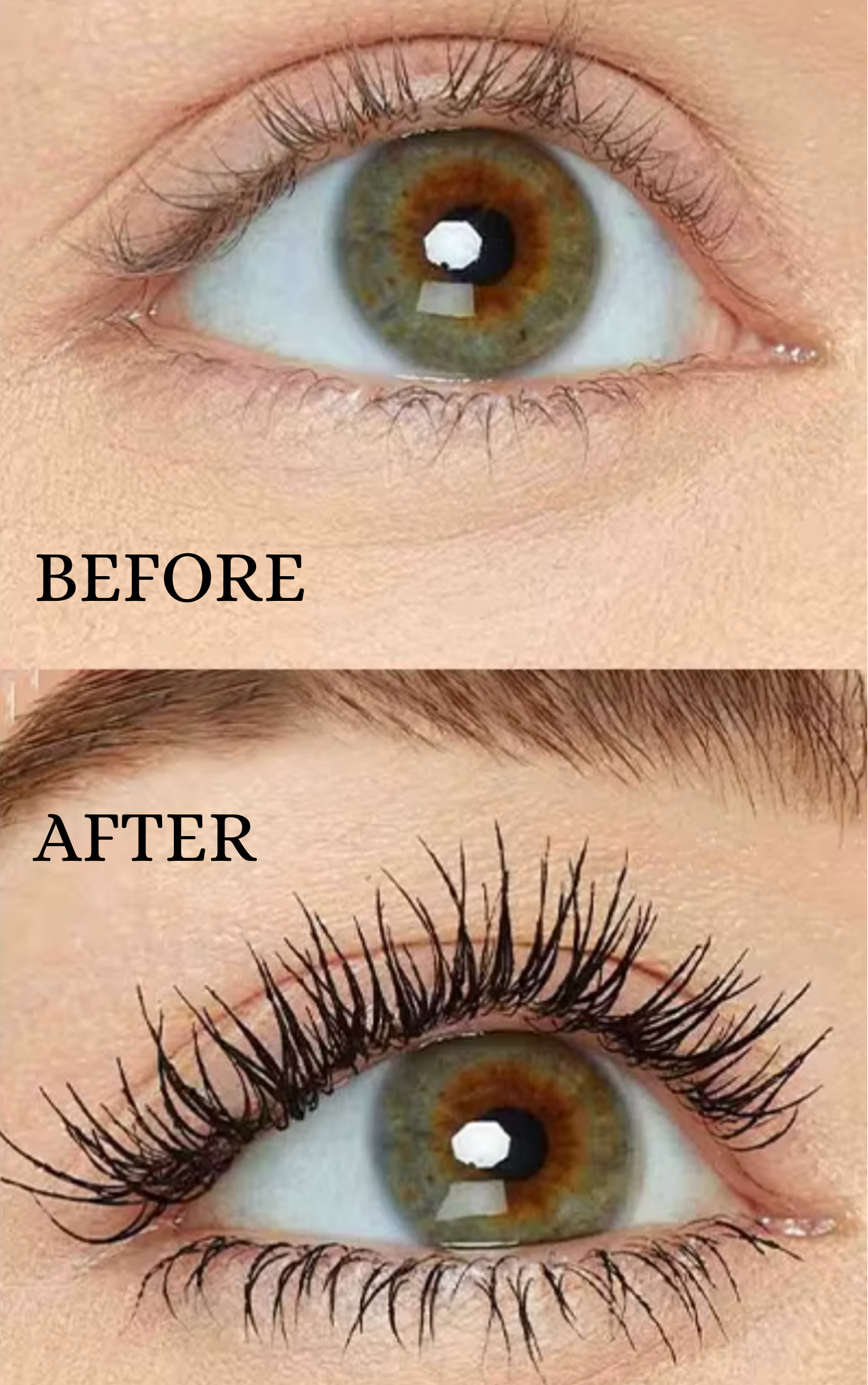 Comparison of an eye before and after eyelash extension application.
