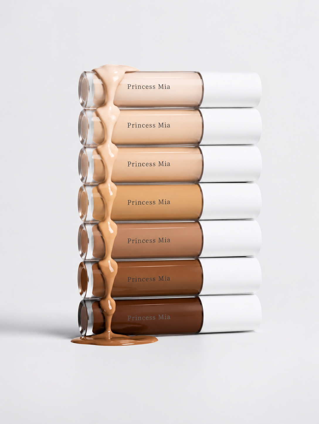 Stack of 'Princess Mia' makeup products on a white background