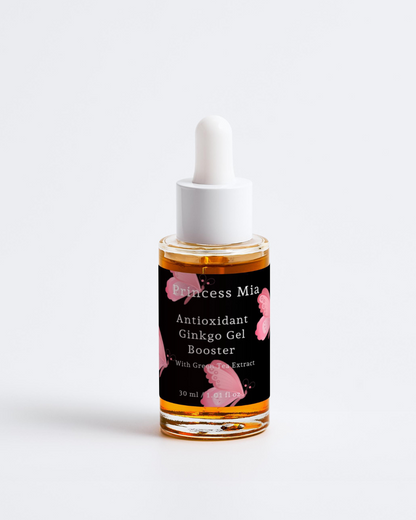 Bottle of Princess Mia Antioxidant Ginkgo Gel Booster on a white background