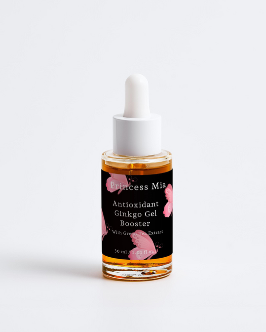 Bottle of Princess Mia Antioxidant Ginkgo Gel Booster on a white background