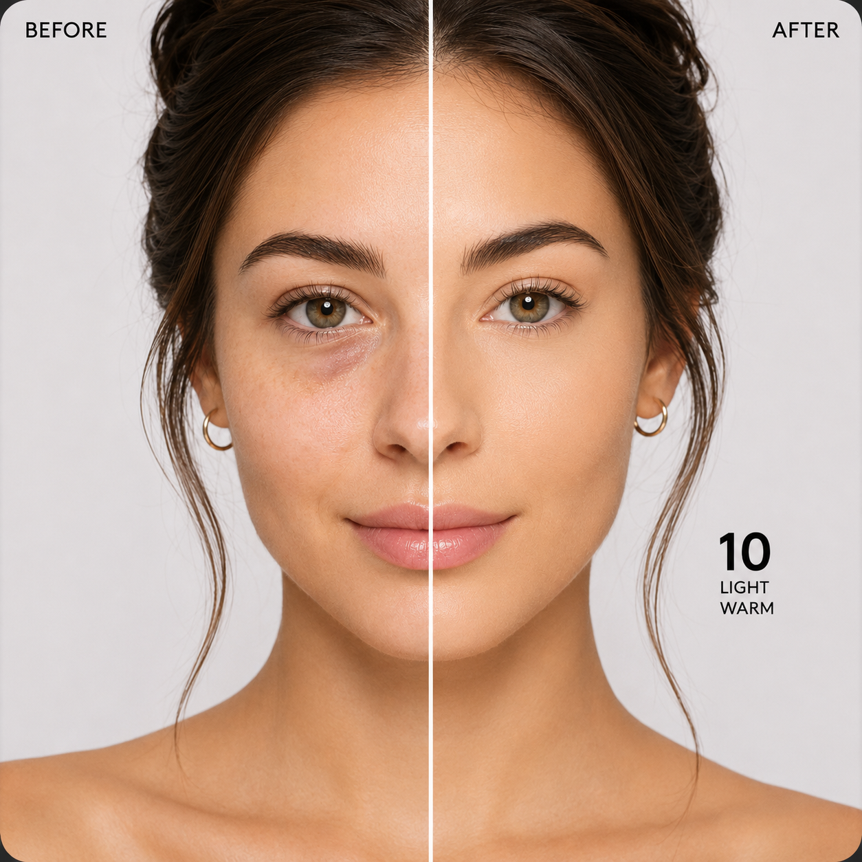 Before and after comparison of a woman's face with makeup application, showing a light warm filter effect.