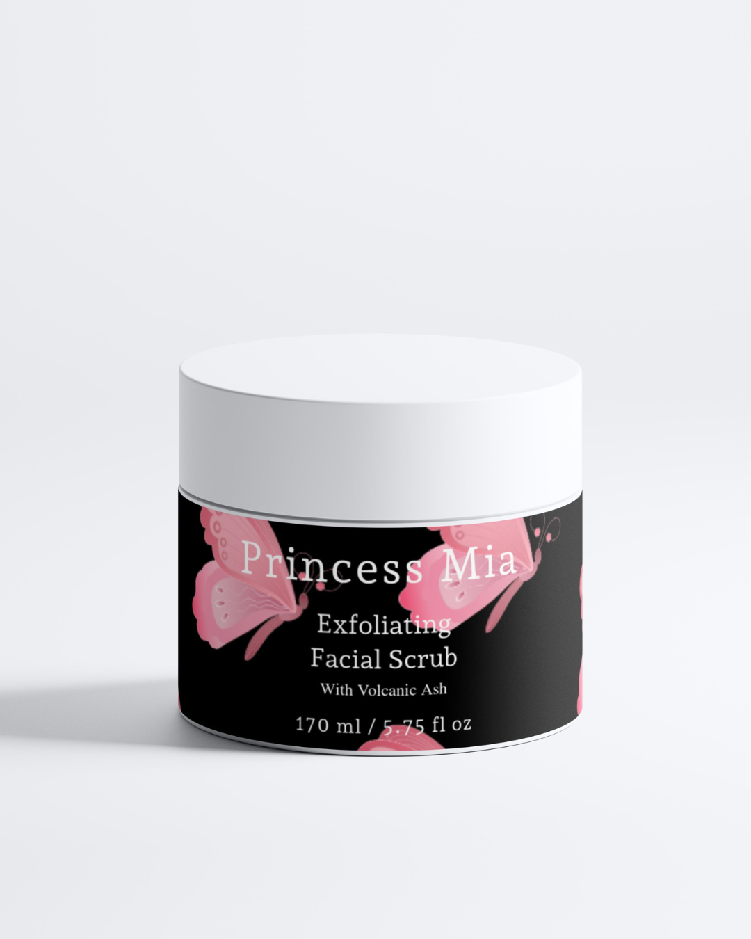 Jar of Princess Mia Exfoliating Facial Scrub with a black label on a white background