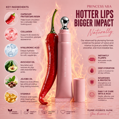 Pink lip balm with chili pepper graphic and product details on a pink background