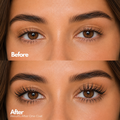 Before and after comparison of eye makeup application on a person's face.