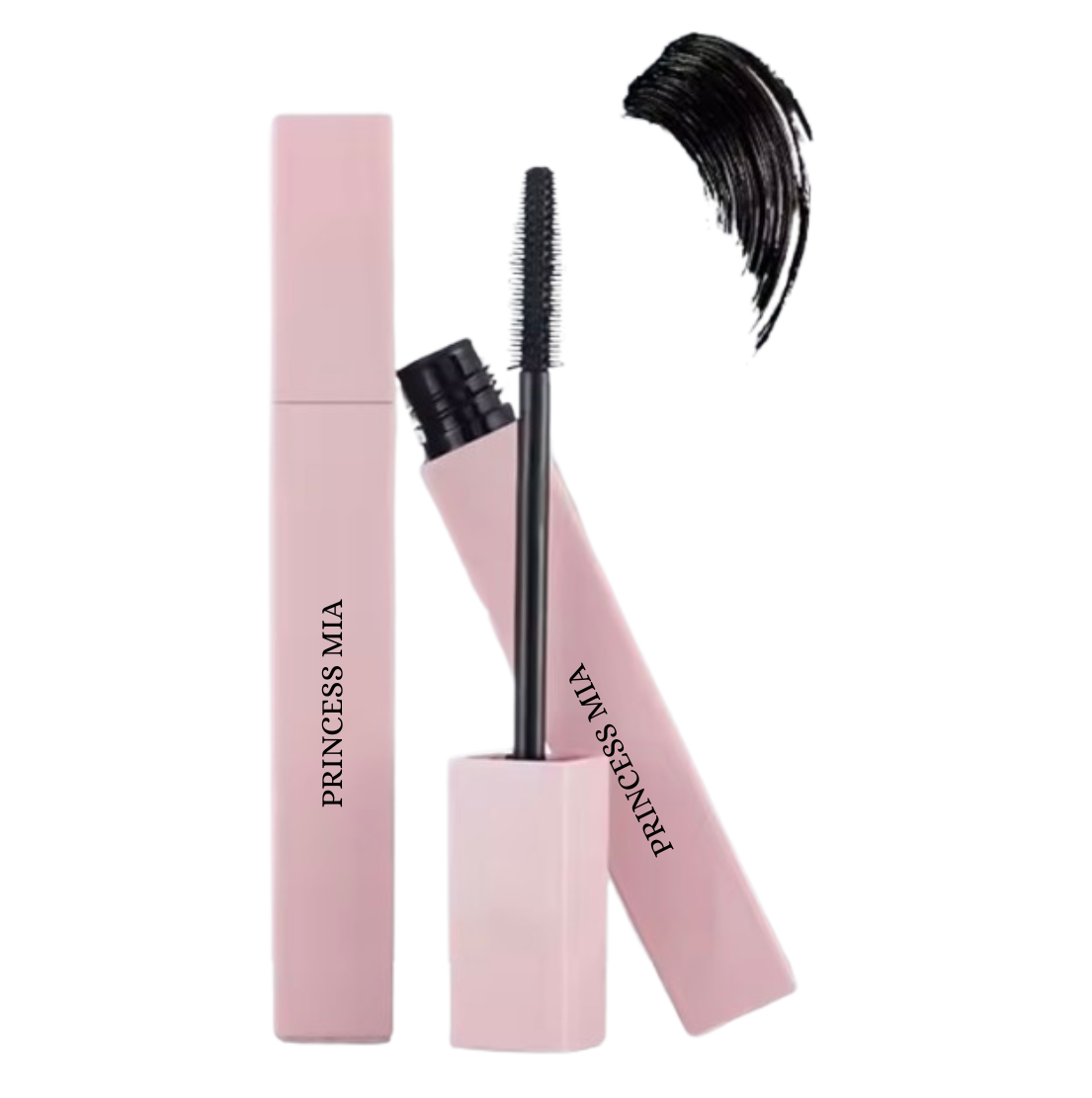 Pink mascara with black wand and 'Princess Mia' branding on a white background