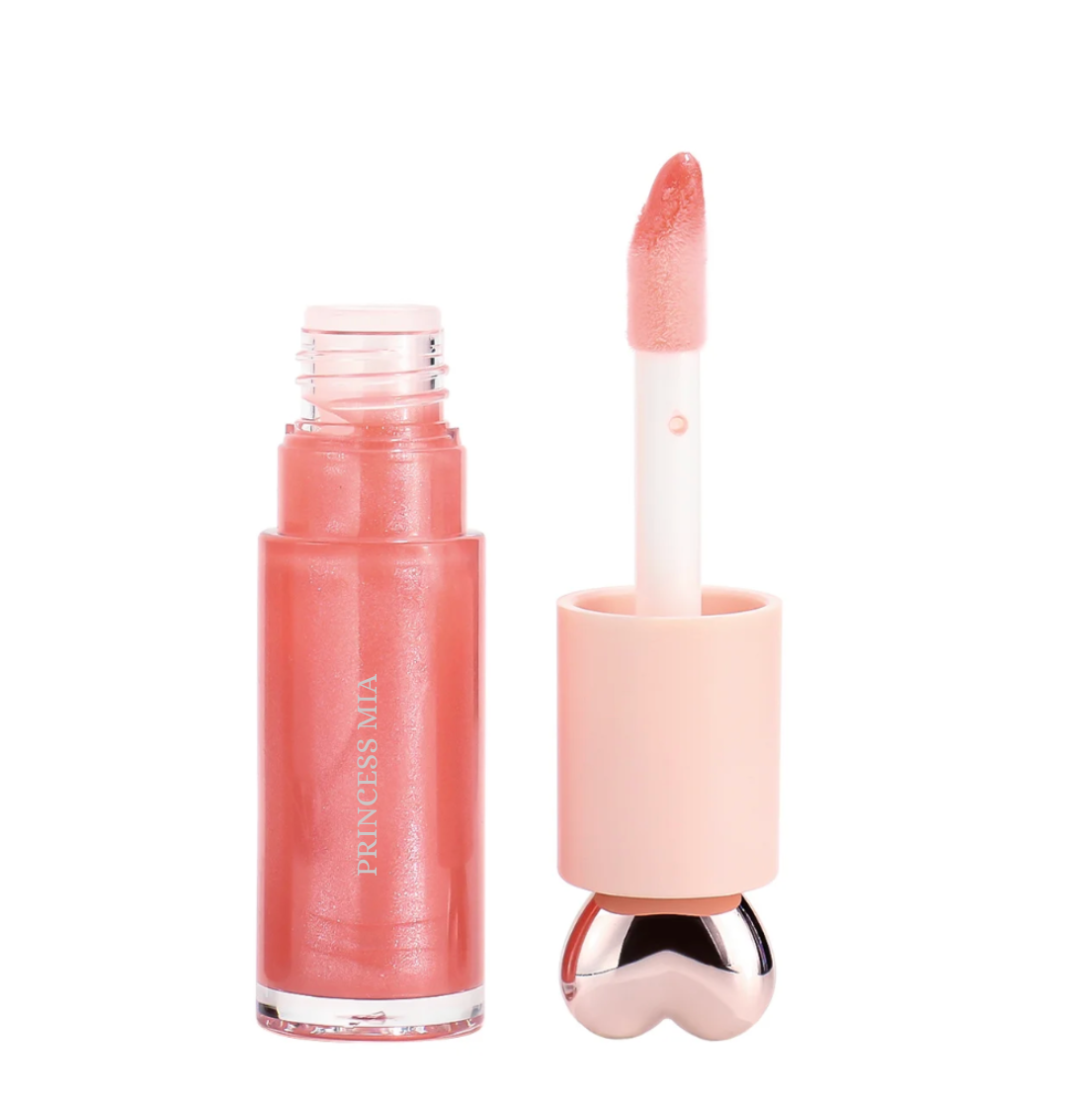 Pink lip gloss with applicator on a white background