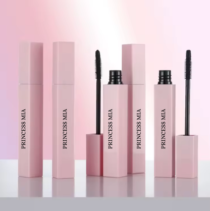 Set of Princess Mia mascara with pink packaging on a light pink background