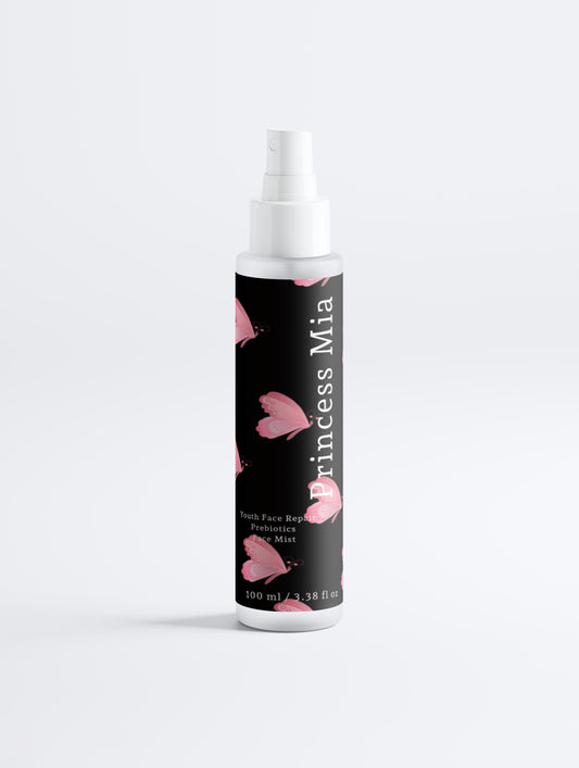 Spray bottle with black label featuring pink hearts on a white background