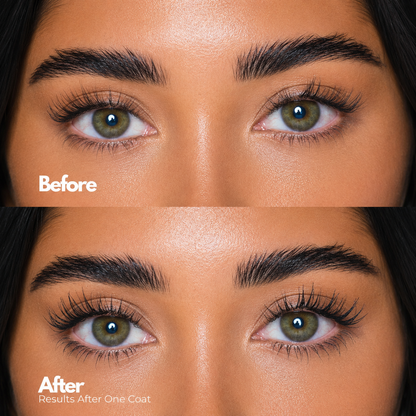 Before and after comparison of eye makeup application on a person's face.
