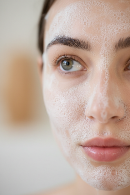 Close-up of a woman’s face covered in gentle foam using Princess Mia Cleansing Foam, highlighting clean, smooth, and glowing skin.